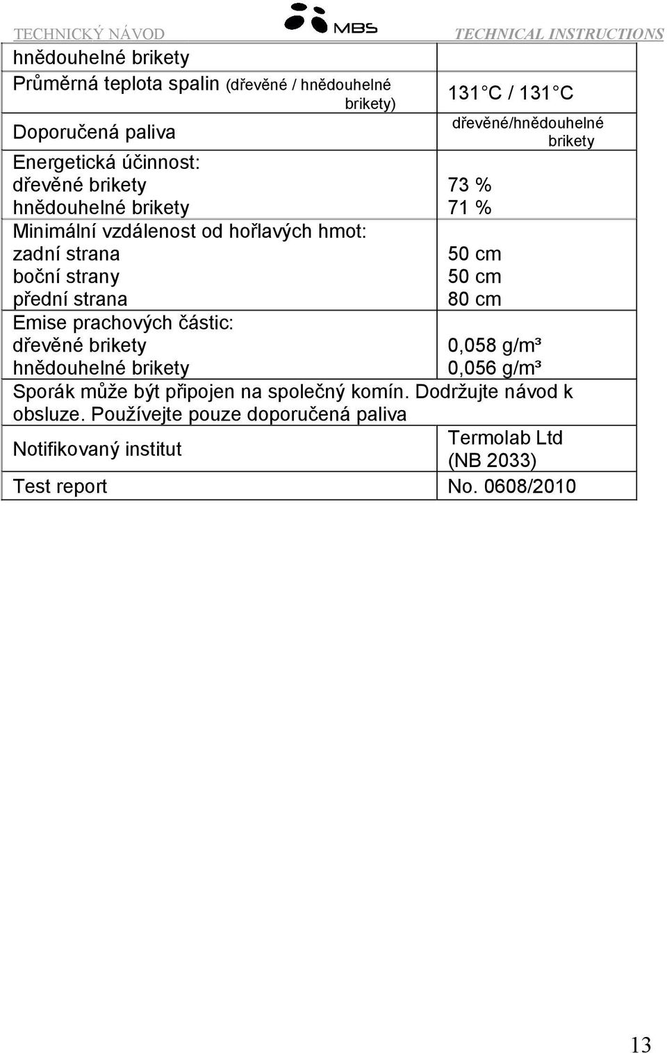 hnědouhelné brikety 131 C / 131 C dřevěné/hnědouhelné brikety 73 % 71 % 50 cm 50 cm 80 cm 0,058 g/m³ 0,056 g/m³ Sporák může být připojen na