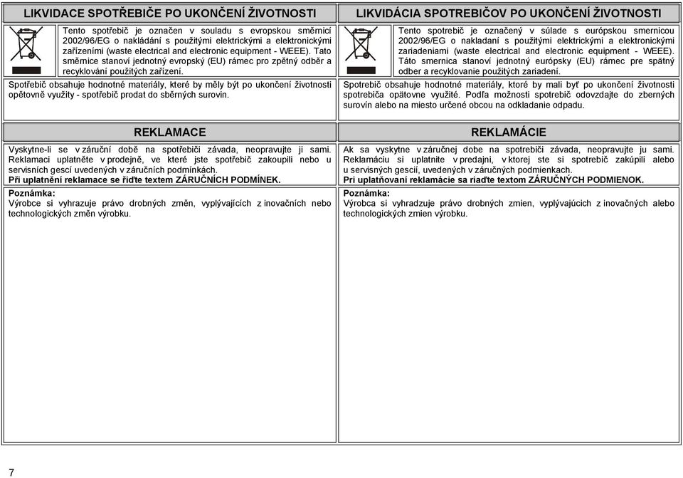 Spotřebič obsahuje hodnotné materiály, které by měly být po ukončení životnosti opětovně využity - spotřebič prodat do sběrných surovin.