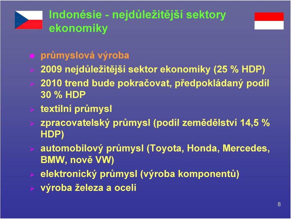 průmysl zpracovatelský průmysl (podíl zemědělství 14,5 % HDP) automobilový průmysl