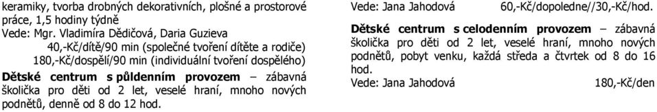 hraní, mnoho nových podnětů, denně od 8 do 12 hod. Vede: Jana Jahodová 60,-Kč/dopoledne//30,-Kč/hod.