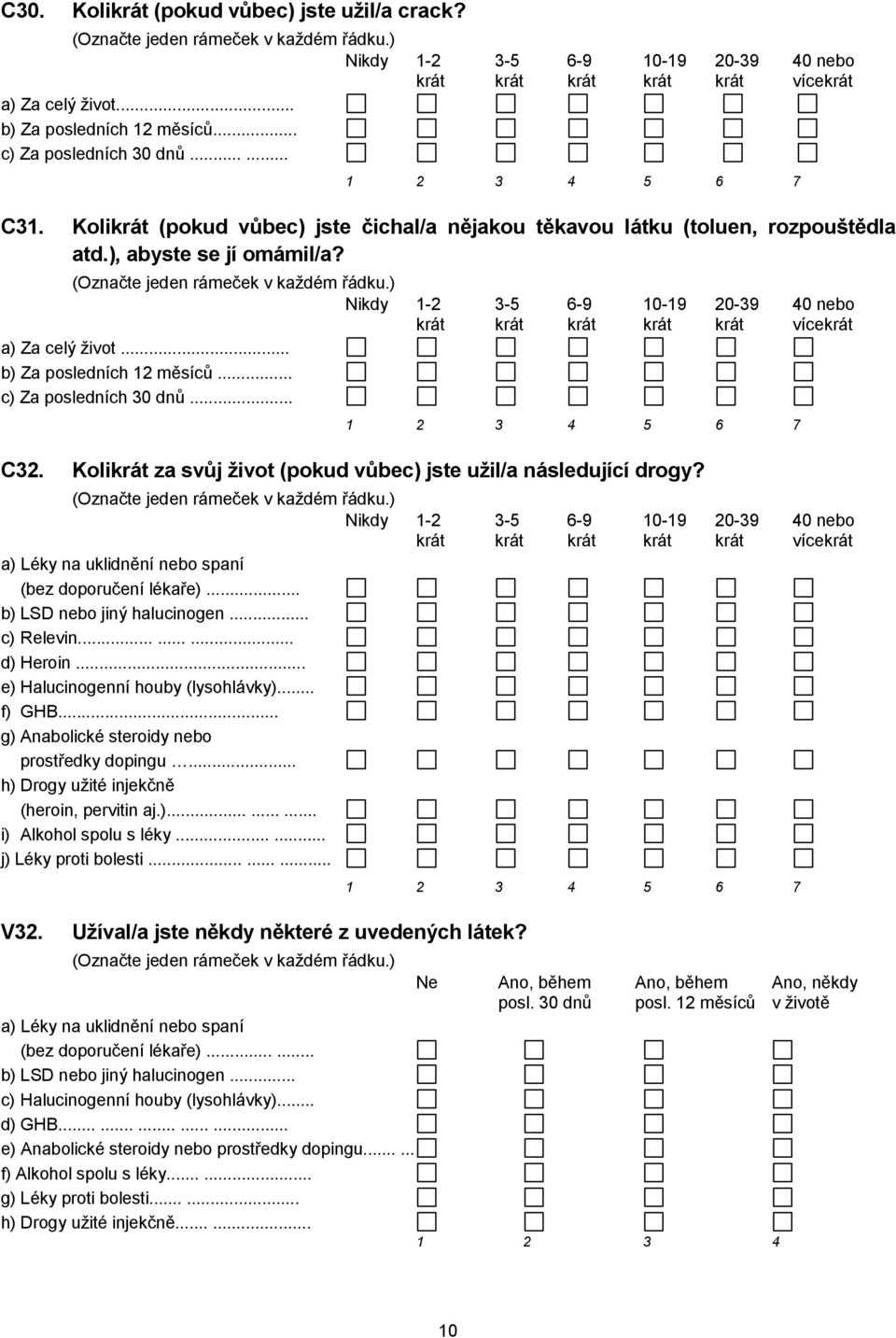 Kolikrát za svůj život (pokud vůbec) jste užil/a následující drogy? a) Léky na uklidnění nebo spaní (bez doporučení lékaře)... b) LSD nebo jiný halucinogen... c) Relevin......... d) Heroin.