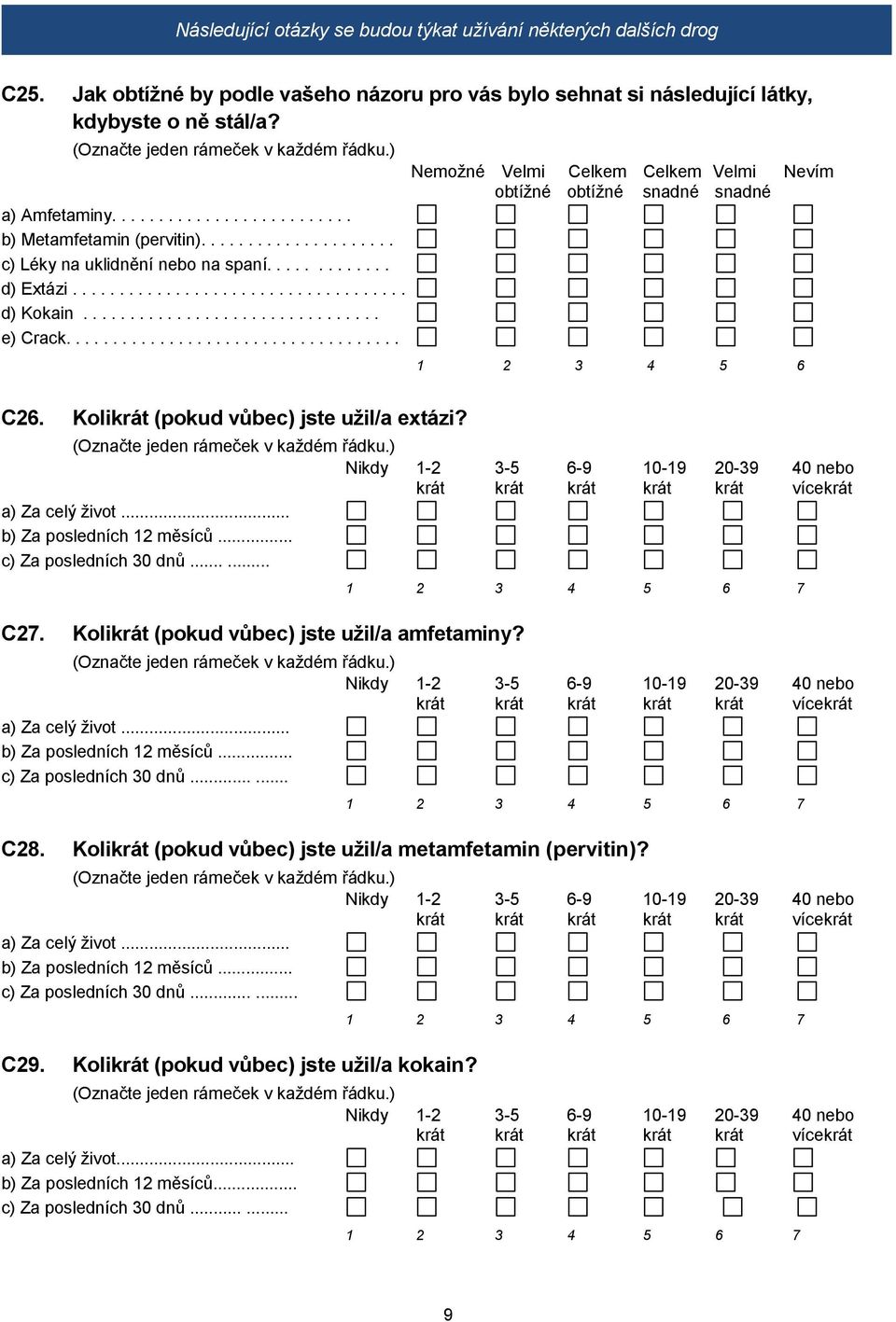 ................................... C26. Kolikrát (pokud vůbec) jste užil/a extázi? Nemožné Velmi Celkem Celkem Velmi Nevím obtížné obtížné snadné snadné a) Za celý život... b) Za posledních 12 měsíců.