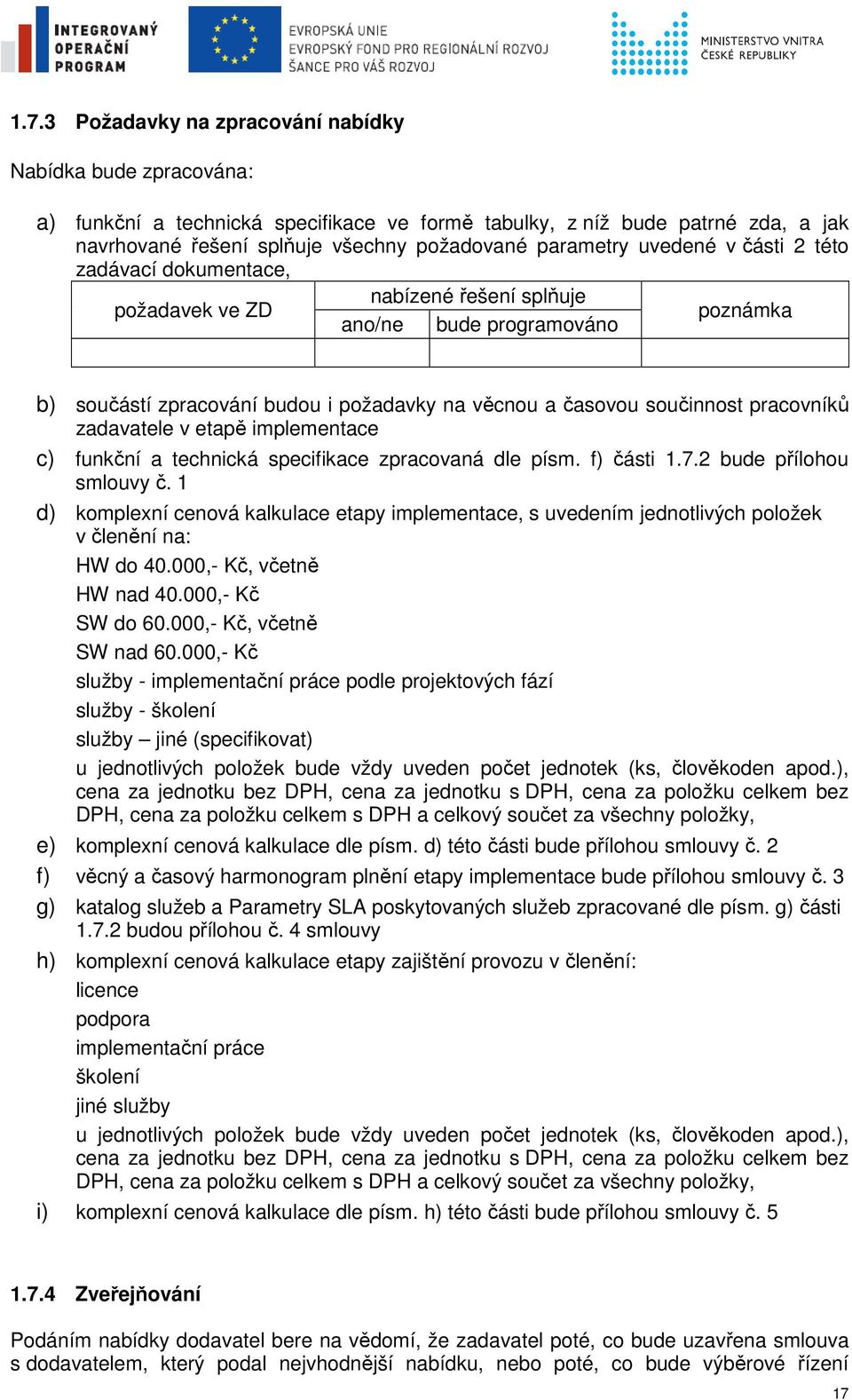 pracovníků zadavatele v etapě implementace c) funkční a technická specifikace zpracovaná dle písm. f) části 1.7.2 bude přílohou smlouvy č.