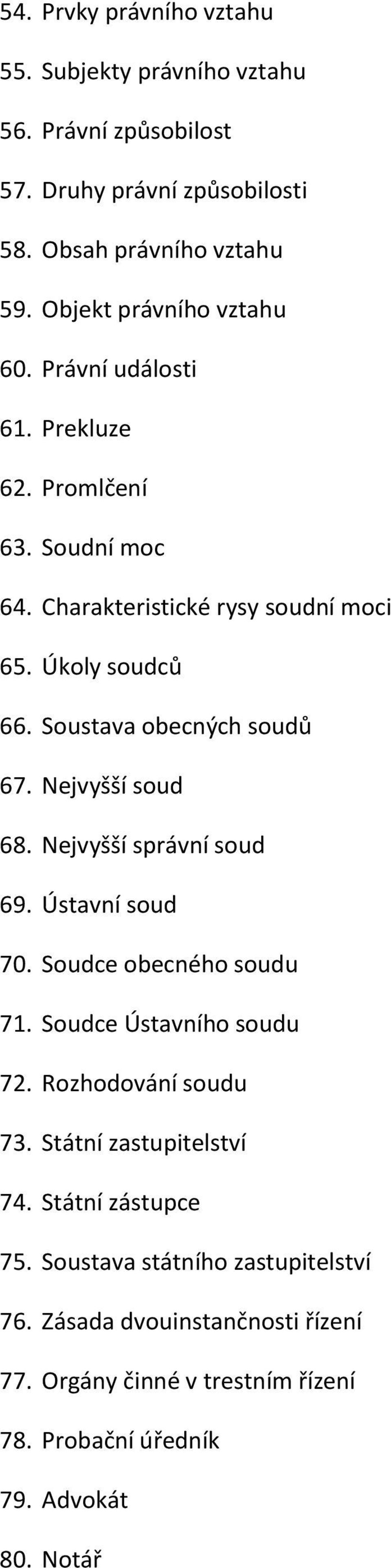 Soustava obecných soudů 67. Nejvyšší soud 68. Nejvyšší správní soud 69. Ústavní soud 70. Soudce obecného soudu 71. Soudce Ústavního soudu 72.