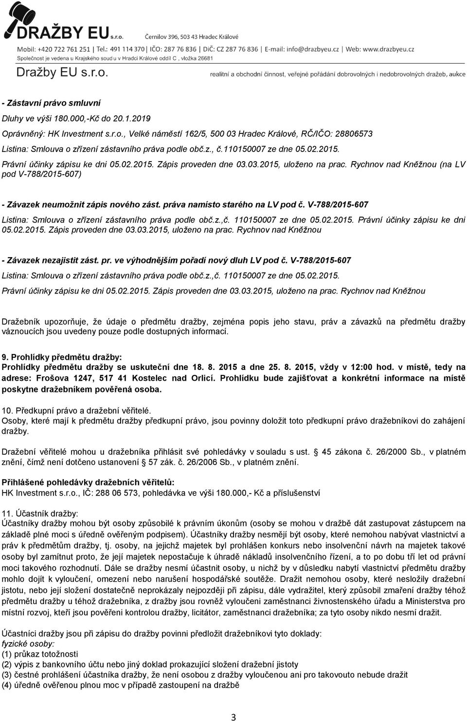 Rychnov nad Kněžnou (na LV pod V-788/2015-607) - Závazek neumožnit zápis nového zást. práva namísto starého na LV pod č. V-788/2015-607 Listina: Smlouva o zřízení zástavního práva podle obč.z.,č.