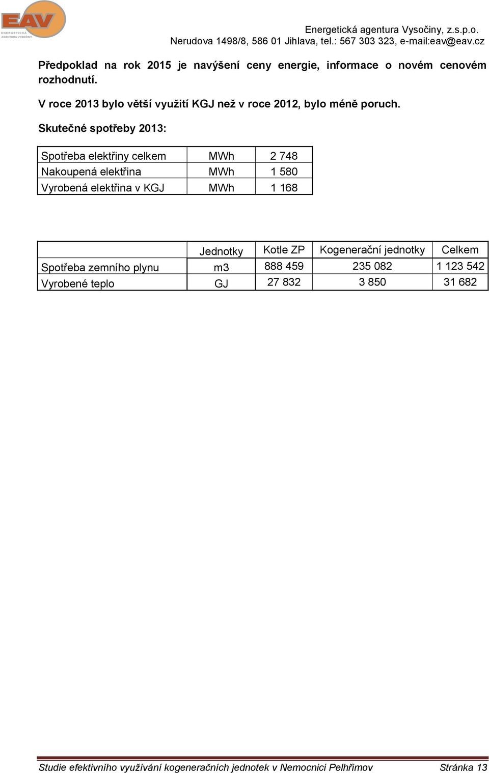 Skutečné spotřeby 2013: Spotřeba elektřiny celkem MWh 2 748 Nakoupená elektřina MWh 1 580 Vyrobená elektřina v KGJ MWh 1 168