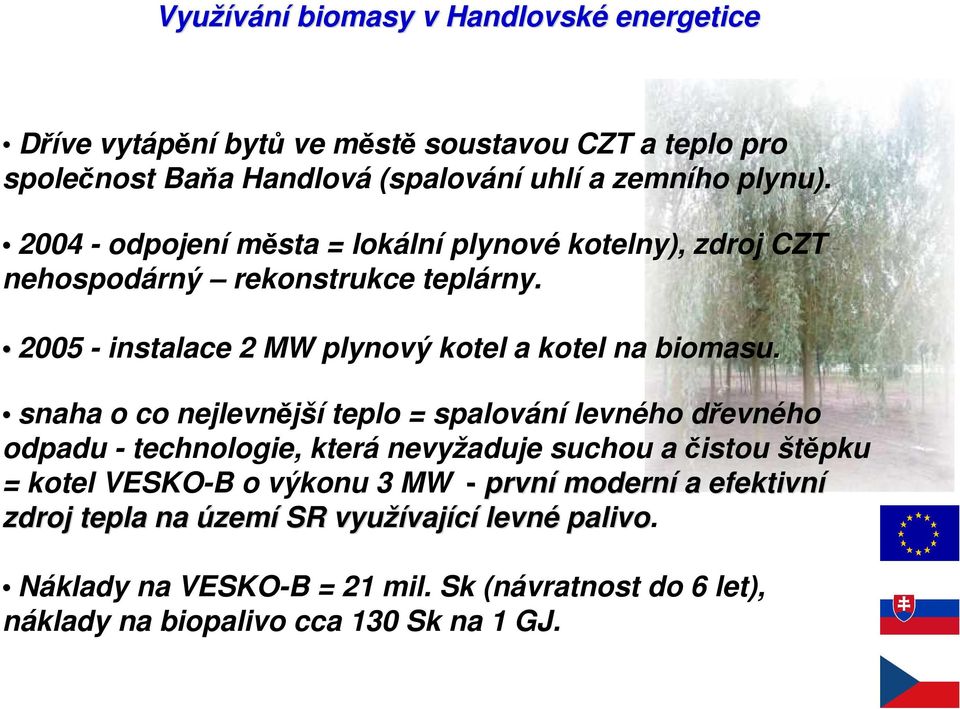 snaha o co nejlevnější teplo = spalování levného dřevného odpadu - technologie, která nevyžaduje suchou a čistou štěpku = kotel VESKO-B o výkonu 3 MW - první