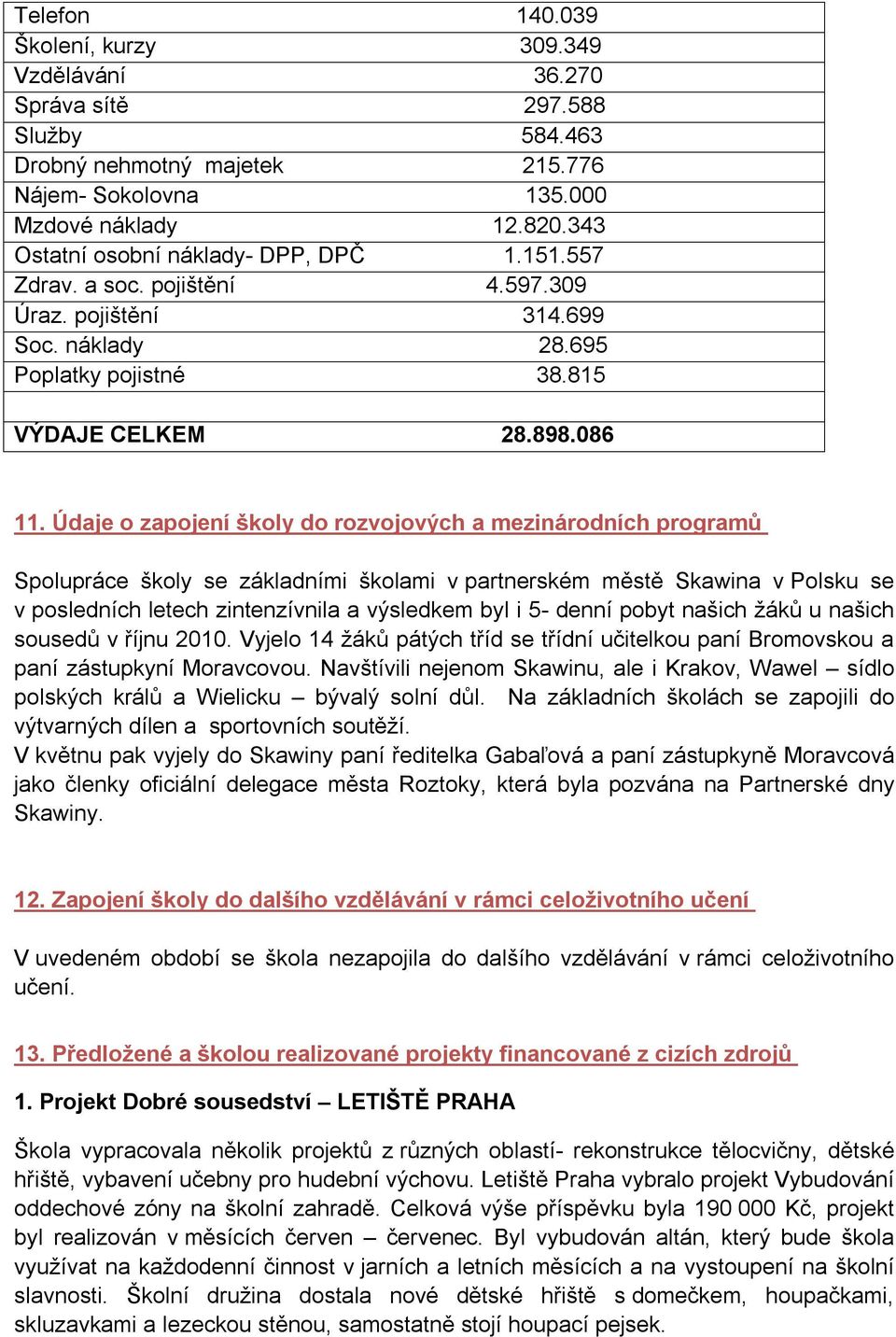 Údaje o zapojení školy do rozvojových a mezinárodních programů Spolupráce školy se základními školami v partnerském městě Skawina v Polsku se v posledních letech zintenzívnila a výsledkem byl i 5-