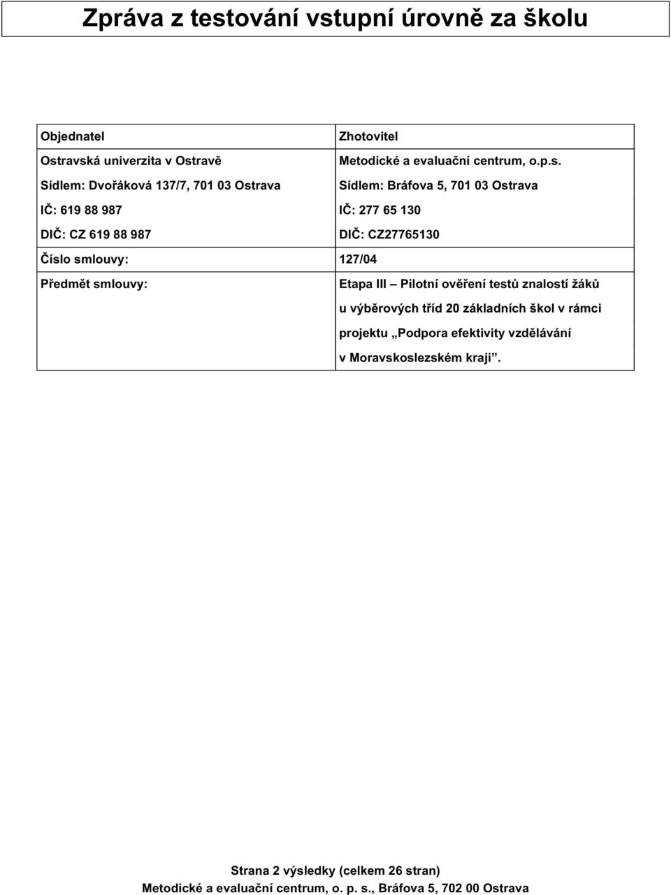 Sídlem: Bráfova 5, 701 03 Ostrava IČ: 619 88 987 IČ: 277 65 130 DIČ: CZ 619 88 987 DIČ: CZ27765130 Číslo smlouvy: 127/04