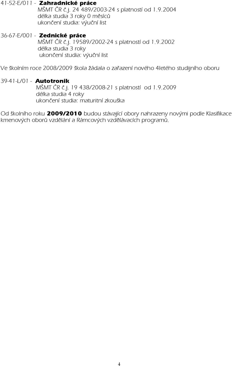 89/2002-24 s platností od 1.9.2002 délka studia 3 roky ukončení studia: výuční list Ve školním roce 2008/2009 škola žádala o zařazení nového 4letého