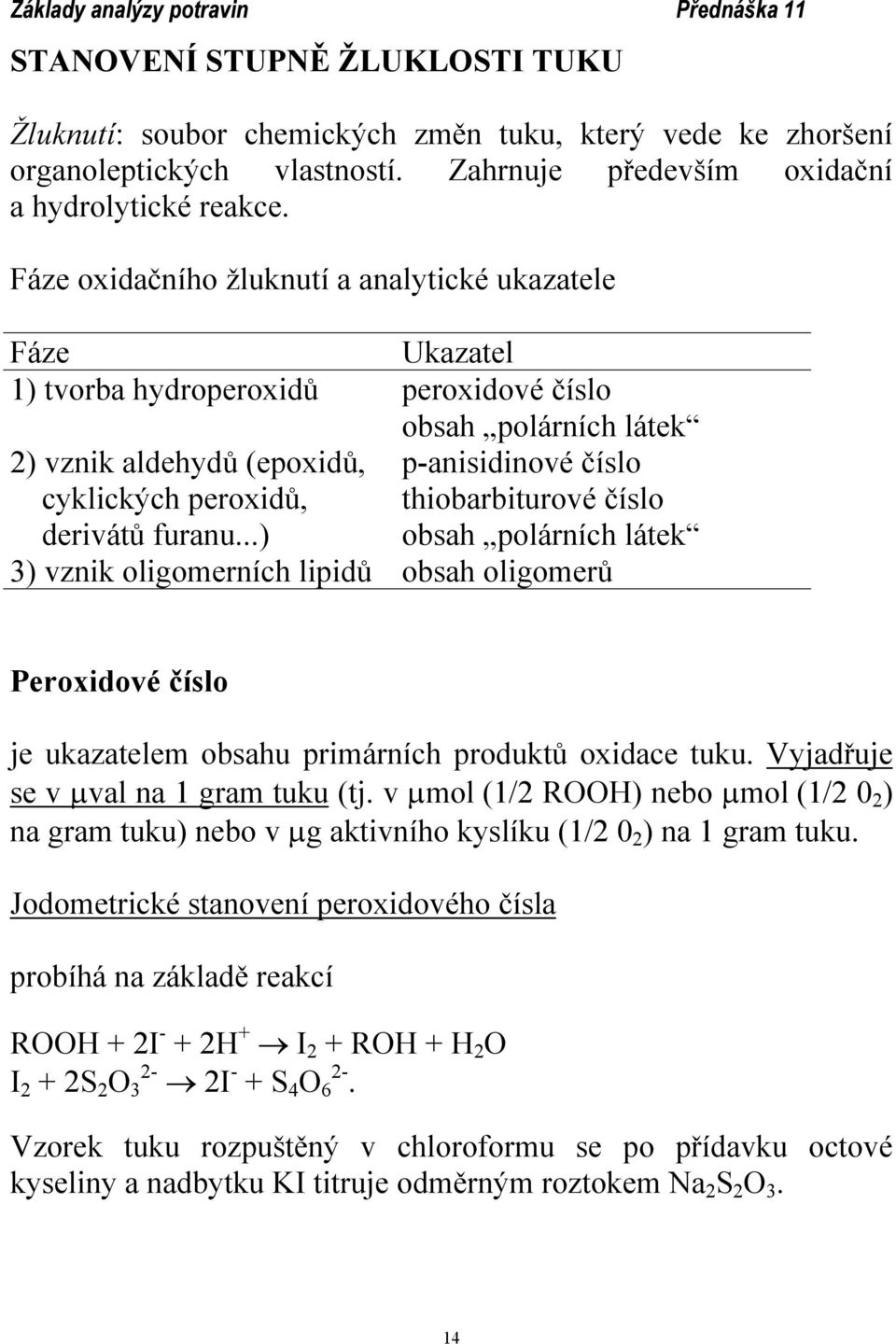 thiobarbiturové číslo derivátů furanu...) obsah polárních látek 3) vznik oligomerních lipidů obsah oligomerů Peroxidové číslo je ukazatelem obsahu primárních produktů oxidace tuku.