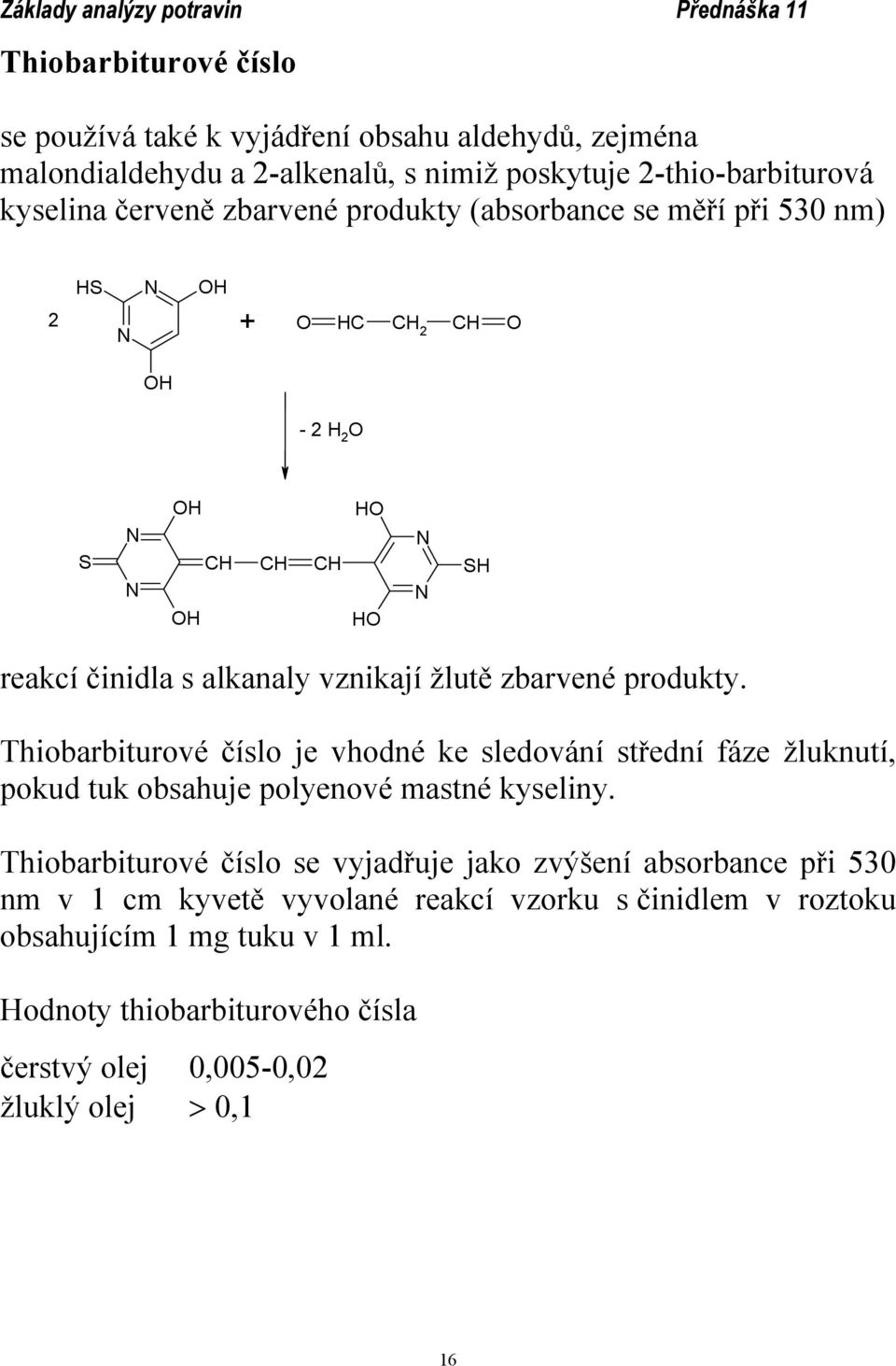 Thiobarbiturové číslo je vhodné ke sledování střední fáze žluknutí, pokud tuk obsahuje polyenové mastné kyseliny.