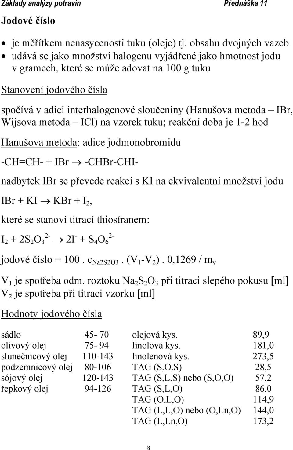 (Hanušova metoda IBr, Wijsova metoda ICl) na vzorek tuku; reakční doba je 1-2 hod Hanušova metoda: adice jodmonobromidu -CH=CH- + IBr -CHBr-CHI- nadbytek IBr se převede reakcí s KI na ekvivalentní