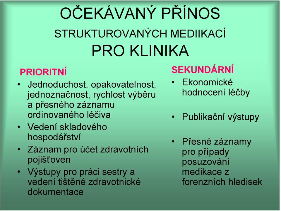 Záznam pro účet zdravotních pojišťoven Výstupy pro práci sestry a vedení tištěné zdravotnické dokumentace