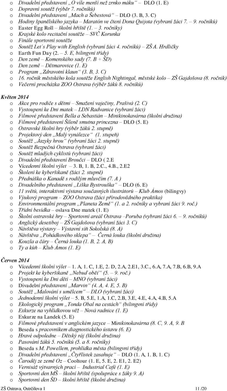 ročníky) o Krajské kolo recitační soutěže SVČ Korunka o Finále sportovní soutěže o Soutěž Let s Play with English (vybraní žáci 4. ročníků) ZŠ A. Hrdličky o Earth Fun Day (2. 5.