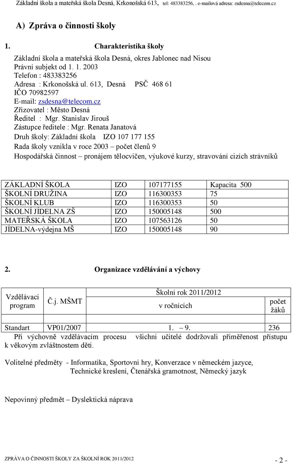 Renata Janatová Druh školy: Základní škola IZO 107 177 155 Rada školy vznikla v roce 2003 počet členů 9 Hospodářská činnost pronájem tělocvičen, výukové kurzy, stravování cizích strávníků ZÁKLADNÍ