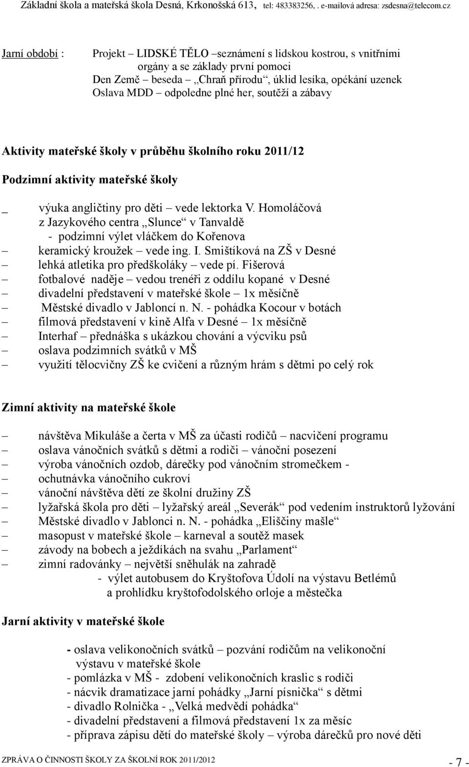 Homoláčová z Jazykového centra Slunce v Tanvaldě - podzimní výlet vláčkem do Kořenova keramický kroužek vede ing. I. Smištíková na ZŠ v Desné lehká atletika pro předškoláky vede pí.