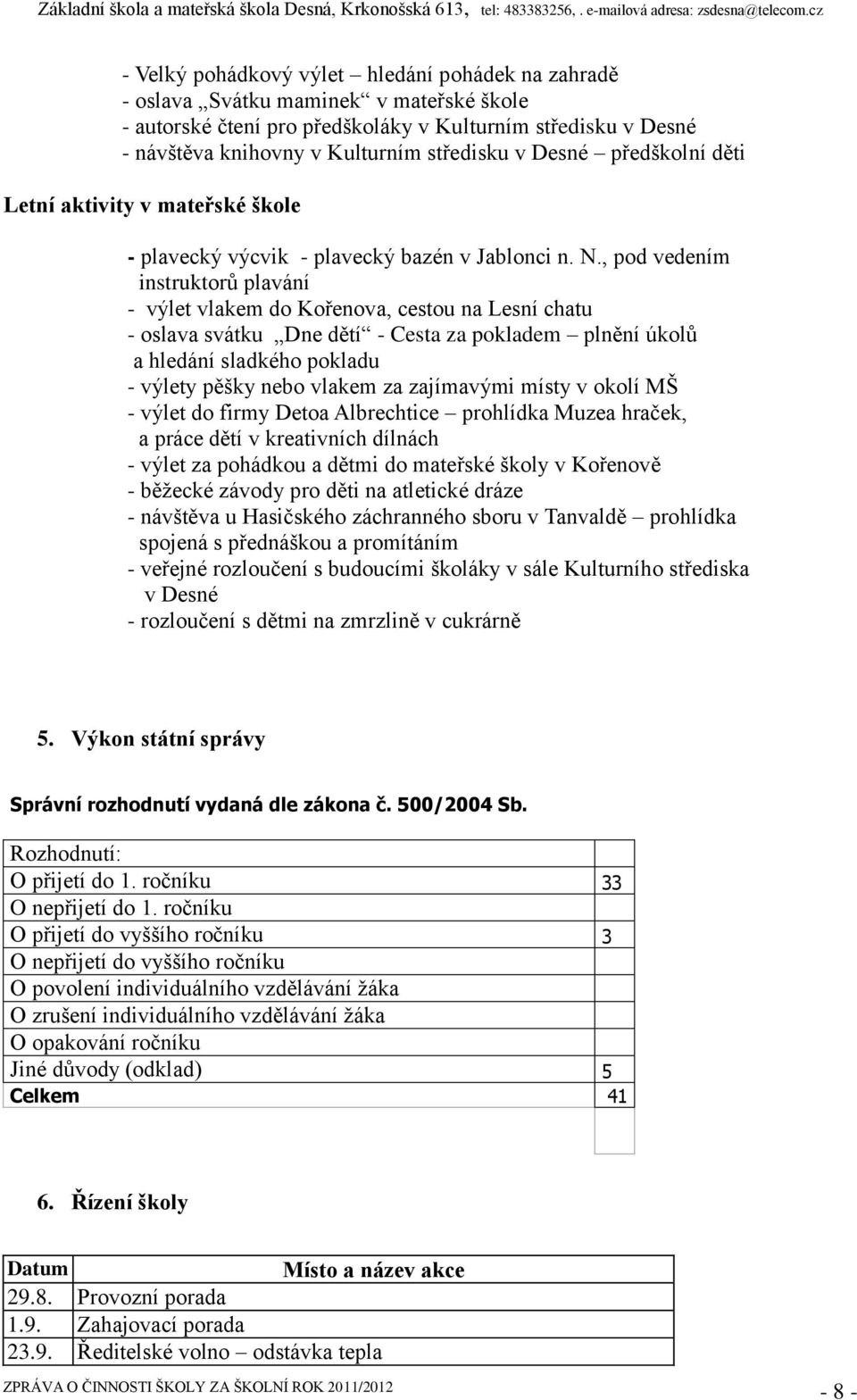 , pod vedením instruktorů plavání - výlet vlakem do Kořenova, cestou na Lesní chatu - oslava svátku Dne dětí - Cesta za pokladem plnění úkolů a hledání sladkého pokladu - výlety pěšky nebo vlakem za