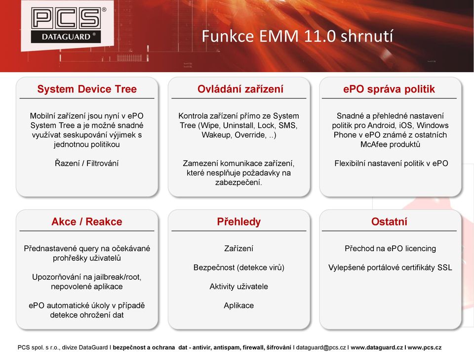 Kontrola zařízení přímo ze System Tree (Wipe, Uninstall, Lock, SMS, Wakeup, Override,..) Zamezení komunikace zařízení, které nesplňuje požadavky na zabezpečení.