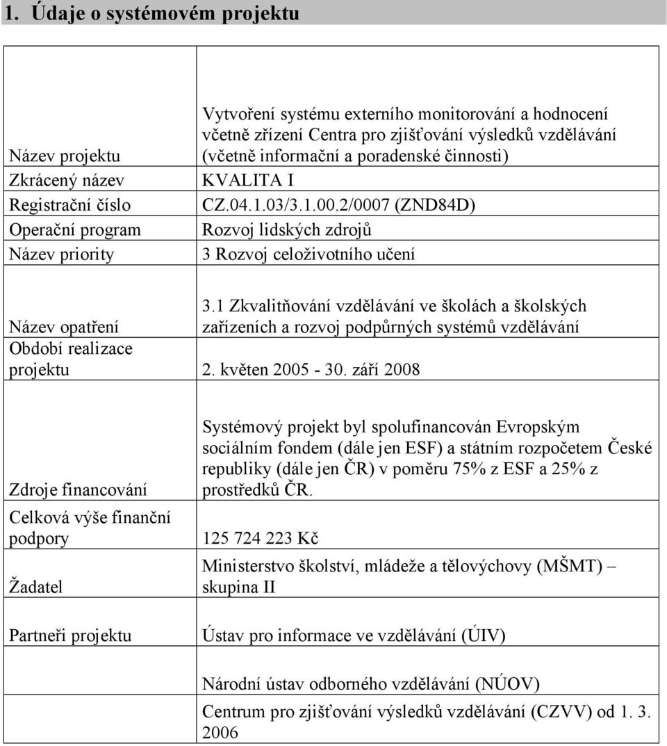 1 Zkvalitňování vzdělávání ve školách a školských Název opatření zařízeních a rozvoj podpůrných systémů vzdělávání Období realizace projektu 2. květen 2005-30.