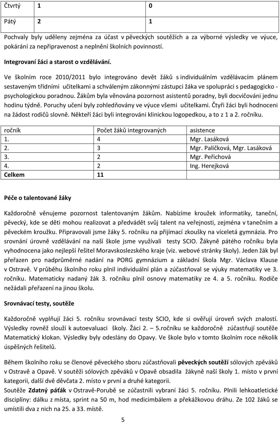 Ve školním roce 2010/2011 bylo integrováno devět žáků s individuálním vzdělávacím plánem sestaveným třídními učitelkami a schváleným zákonnými zástupci žáka ve spolupráci s pedagogicko -