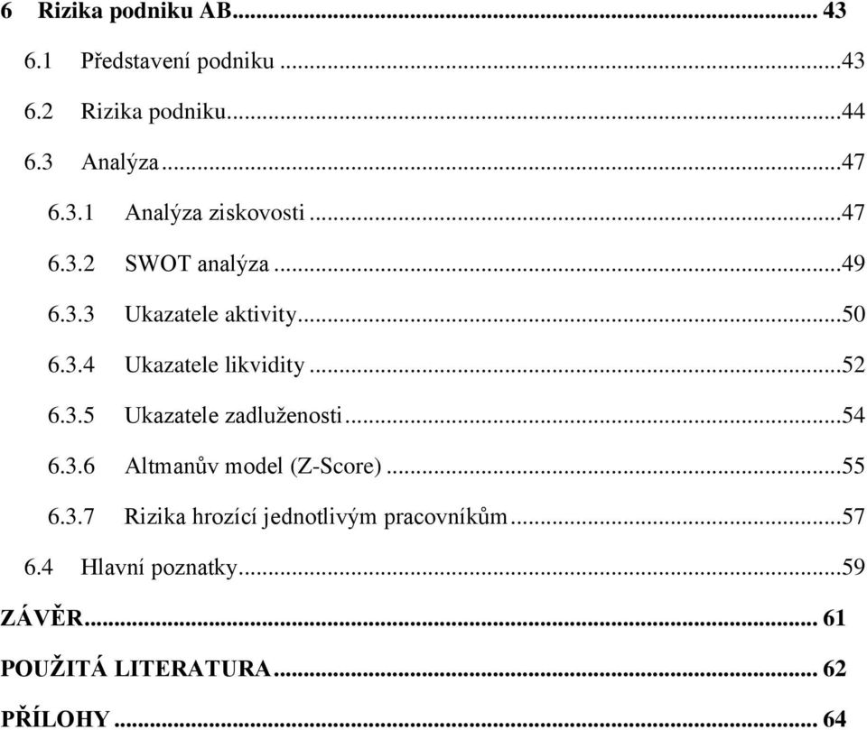 .. 54 6.3.6 Altmanův model (Z-Score)... 55 6.3.7 Rizika hrozící jednotlivým pracovníkům... 57 6.