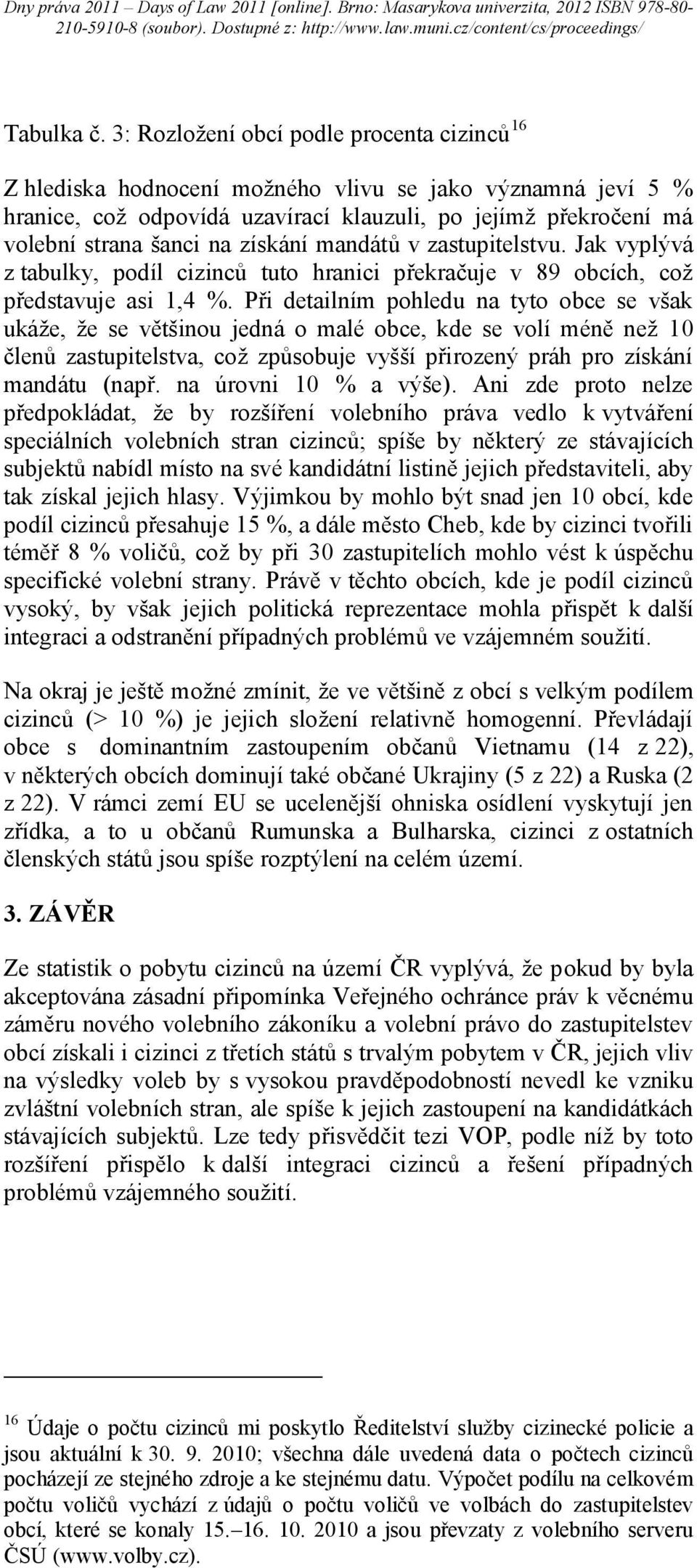 získání mandátů v zastupitelstvu. Jak vyplývá z tabulky, podíl cizinců tuto hranici překračuje v 89 obcích, což představuje asi 1,4 %.