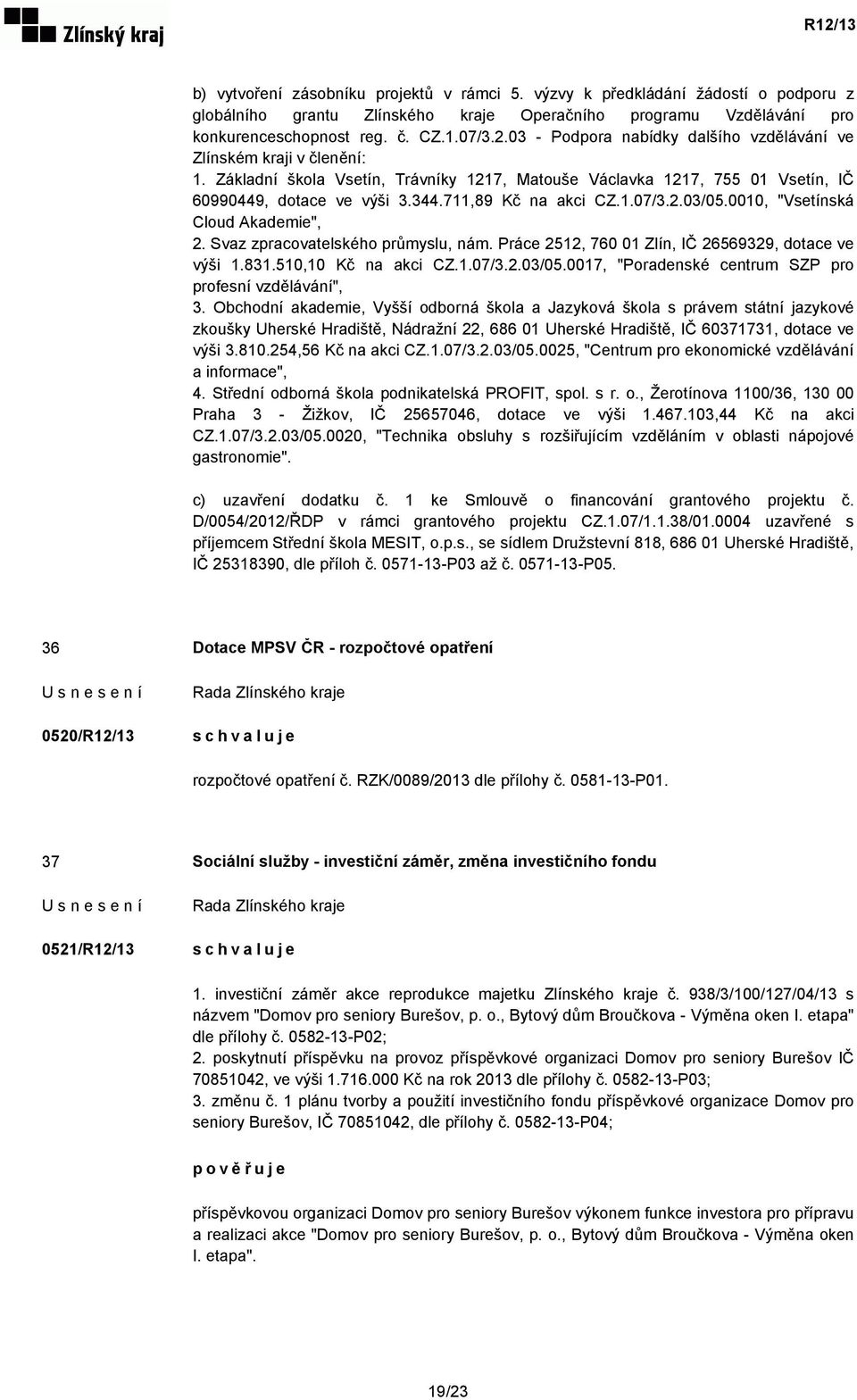 711,89 Kč na akci CZ.1.07/3.2.03/05.0010, "Vsetínská Cloud Akademie", 2. Svaz zpracovatelského průmyslu, nám. Práce 2512, 760 01 Zlín, IČ 26569329, dotace ve výši 1.831.510,10 Kč na akci CZ.1.07/3.2.03/05.0017, "Poradenské centrum SZP pro profesní vzdělávání", 3.