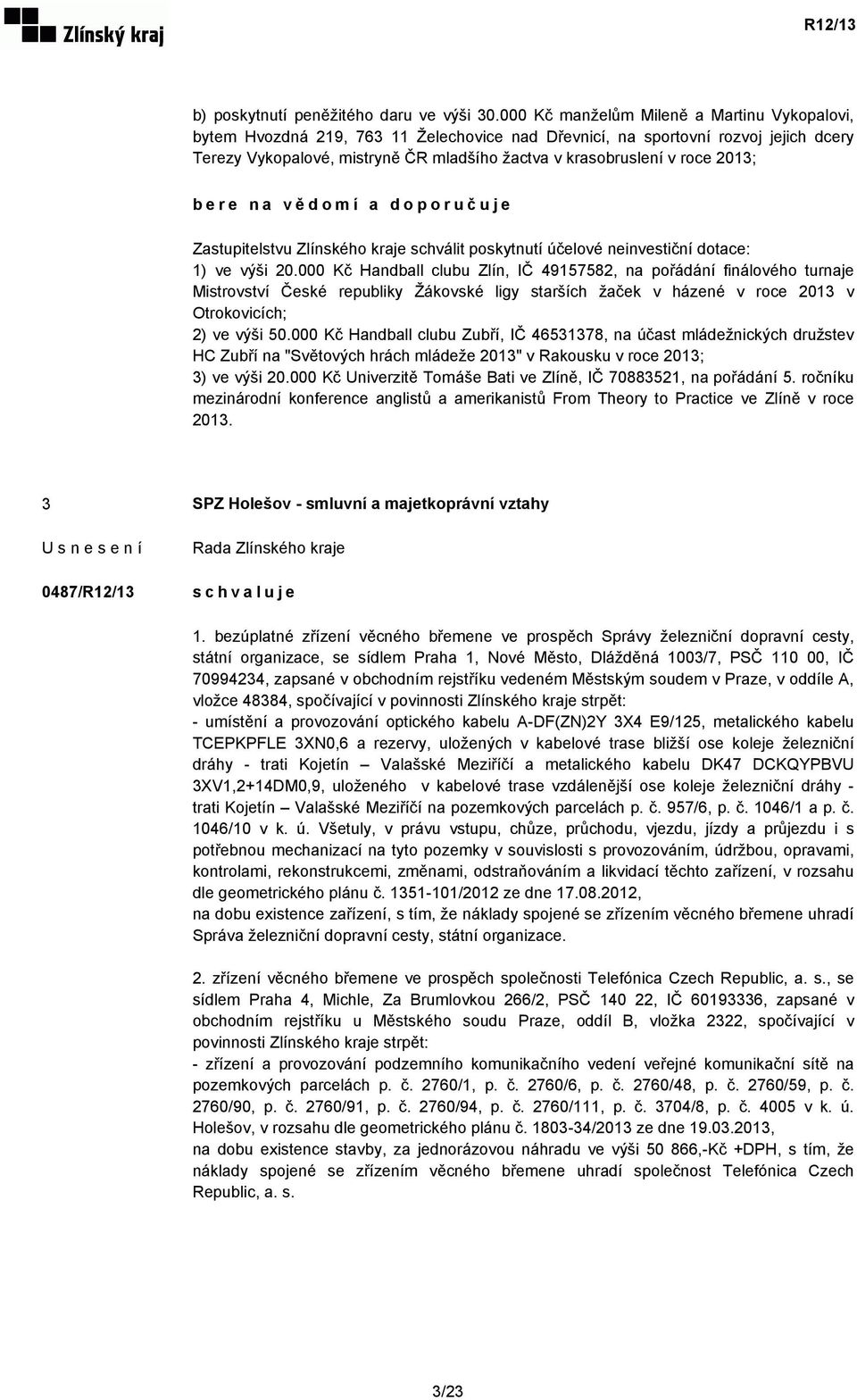 2013; Zastupitelstvu Zlínského kraje schválit poskytnutí účelové neinvestiční dotace: 1) ve výši 20.