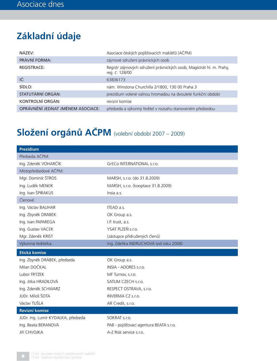 Winstona Churchilla 2/1800, 130 00 Praha 3 STATUTÁRNÍ ORGÁN: KONTROLNÍ ORGÁN: OPRÁVNĚNÍ JEDNAT JMÉNEM ASOCIACE: prezídium volené valnou hromadou na dvouleté funkční období revizní komise předseda a