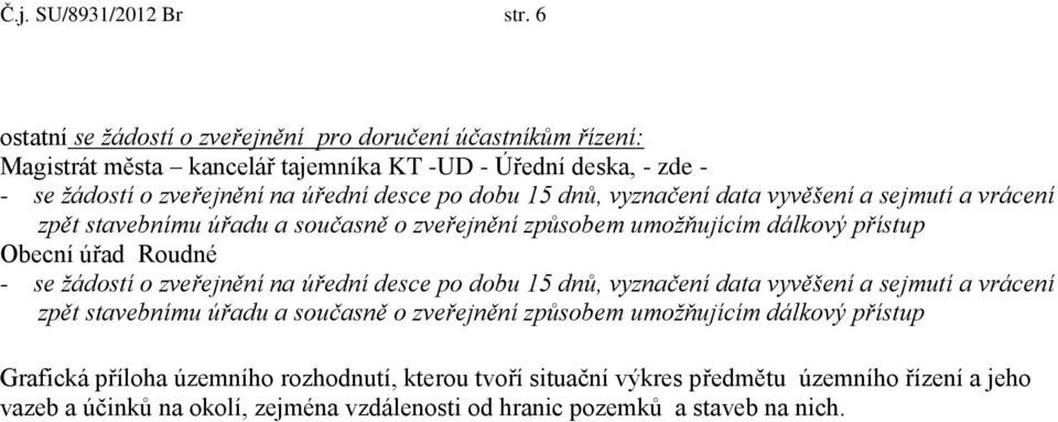 15 dnů, vyznačení data vyvěšení a sejmutí a vrácení zpět stavebnímu úřadu a současně o zveřejnění způsobem umožňujícím dálkový přístup Obecní úřad Roudné - se žádostí o zveřejnění