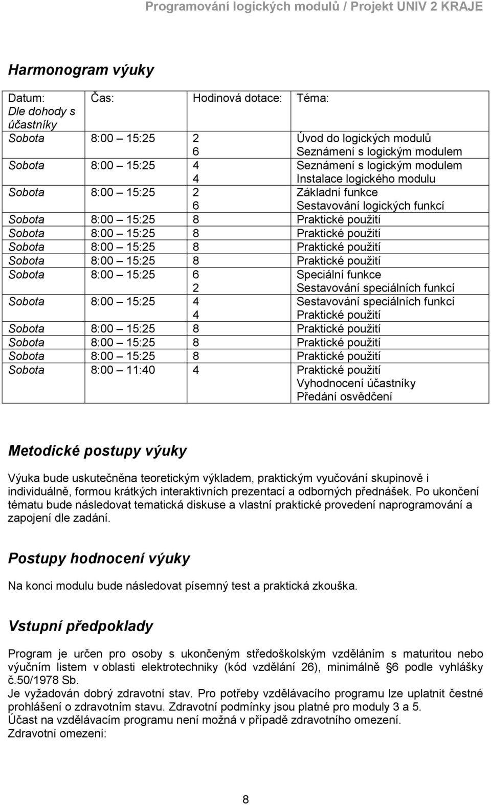 logického modulu Základní funkce Sestavování logických funkcí Sobota 8:00 15:25 6 2 Sobota 8:00 15:25 4 4 Sobota 8:00 15:25 8 Praktické pouţití Sobota 8:00 15:25 8 Praktické pouţití Sobota 8:00 15:25