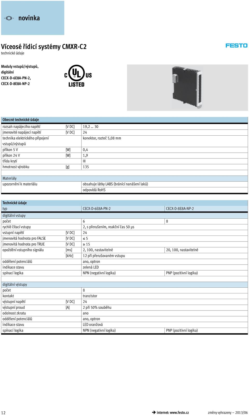 Technické údaje typ CECX-D-6E8A-PN-2 CECX-D-8E8A-NP-2 digitální vstupy počet 6 8 rychlé čítací vstupy 2, s přerušením, reakční čas 50 μs vstupní napětí [V DC] 24 jmenovitá hodnota pro FALSE [V DC] 5