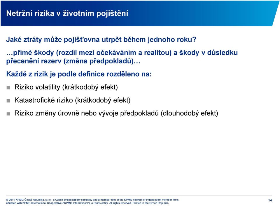 předpokladů) Každé z rizik je podle definice rozděleno na: Riziko volatility (krátkodobý efekt)