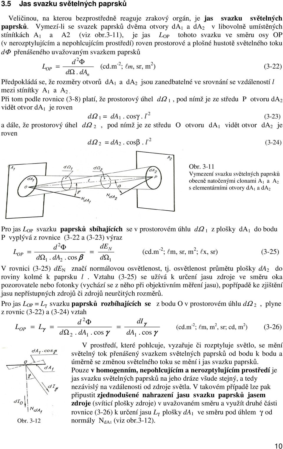3-), je jas L OP tohoto svazku ve směru osy OP (v nerozptylujícím a nepohlcujícím prostředí) roven prostorové a plošné hustotě světelného toku dφ přenášeného uvažovaným svazkem paprsků d Φ LOP = (cd.