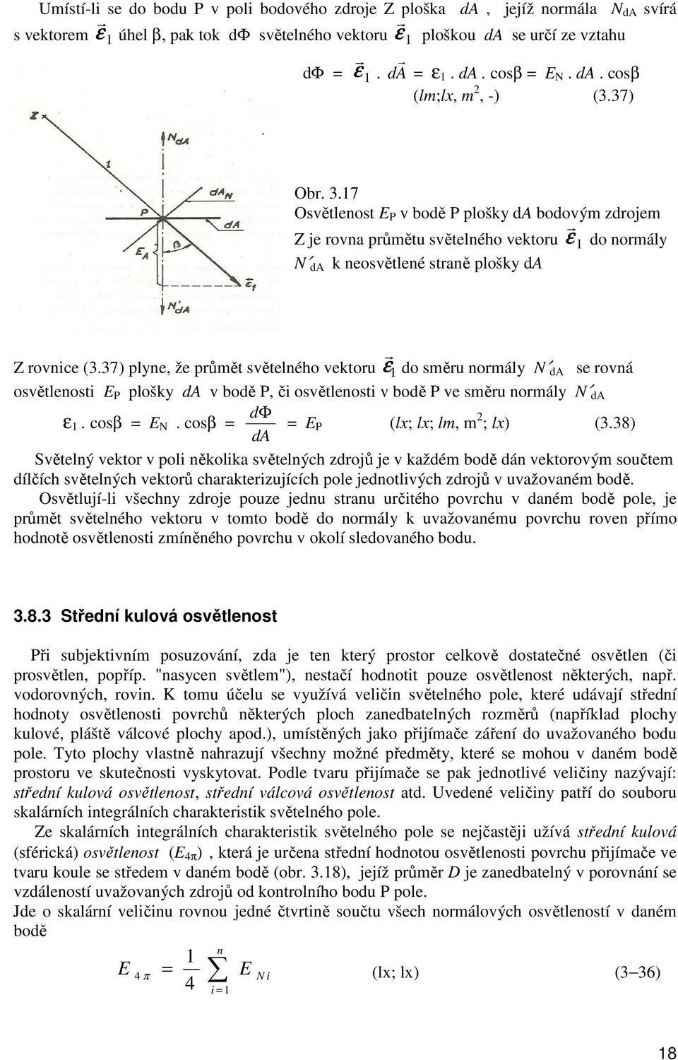 37) plyne, že průmět světelného vektoru ε do směru normály N da se rovná osvětlenosti E P plošky da v bodě P, či osvětlenosti v bodě P ve směru normály N da dφ ε. cosβ = E N.