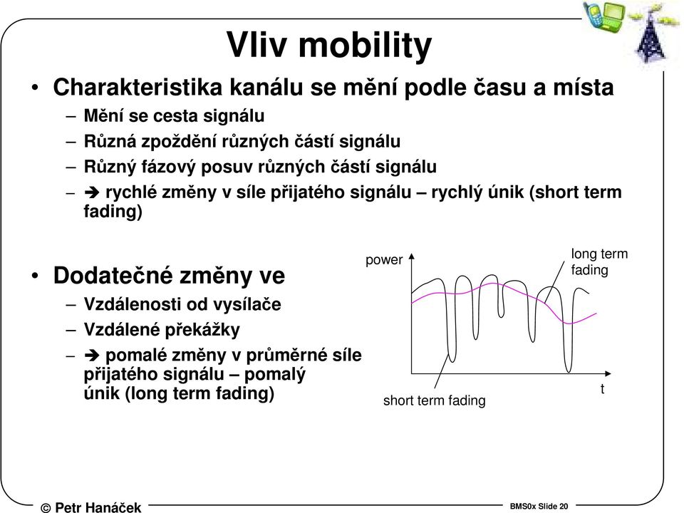 únik (short term fading) Dodatečné změny ve Vzdálenosti od vysílače Vzdálené překážky pomalé změny v