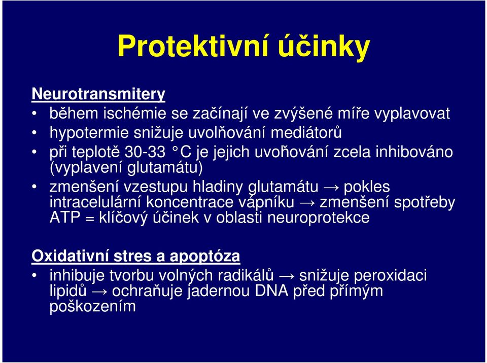 glutamátu pokles intracelulární koncentrace vápníku zmenšení spotřeby ATP = klíčový účinek v oblasti neuroprotekce