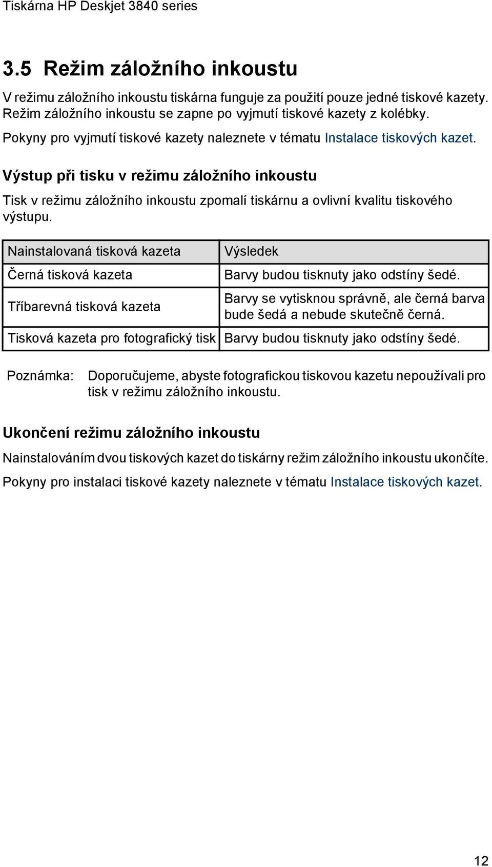 Výstup při tisku v režimu záložního inkoustu Tisk v režimu záložního inkoustu zpomalí tiskárnu a ovlivní kvalitu tiskového výstupu.