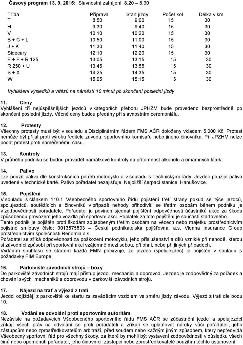 13:05 13:15 15 30 R 250 + U 13:45 13:55 15 30 S + X 14:25 14:35 15 30 W 15:05 15:15 15 30 Vyhlášení výsledků a vítězů na náměstí 10 minut po skončení poslední jízdy 11.