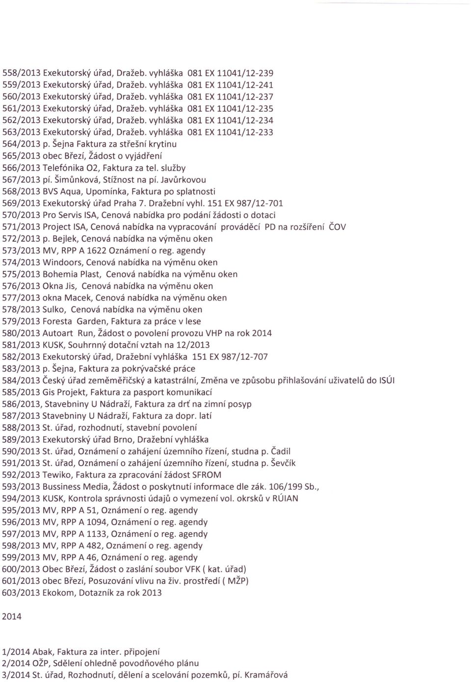 vyhláška 081 EX 11041/12-233 564/2013 p. Šejna Faktura za střešní krytinu 565/2013 obec Březí, Žádost o vyjádření 566/2013 Telefónika 02, Faktura za tel. služby 567/2013 pí. Šimůnková, Stížnost na pí.