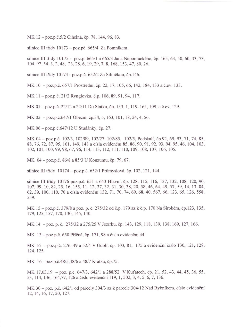 22,17,105,66,142,184,133 a č.ev. 133. MK 11 - poz.p.č. 21/2 Rynglovka, č.p. 106, 89, 91, 94, 117. MK 01 - poz.p.č. 22/12 a 22/11 Do Statku, čp. 133, 1, 119, 165, 109, a č.ev. 129. MK 02 - poz.p.č.647/1 Obecní, čp.