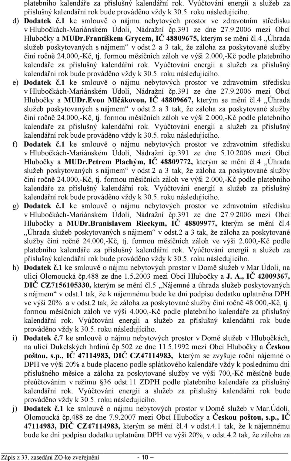 Františkem Grycem, IČ 48809675, kterým se mění čl.4 Úhrada služeb poskytovaných s nájmem v odst.2 a 3 tak, že záloha za poskytované služby činí ročně 24.000,-Kč, tj. formou měsíčních záloh ve výši 2.