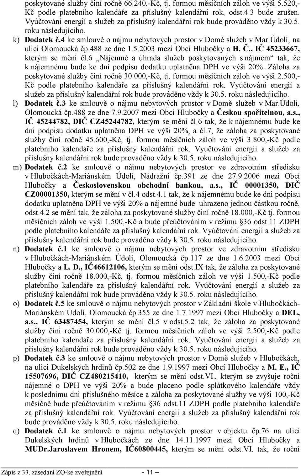 Údolí, na ulici Olomoucká čp.488 ze dne 1.5.2003 mezi Obcí Hlubočky a H. Č., IČ 45233667, kterým se mění čl.