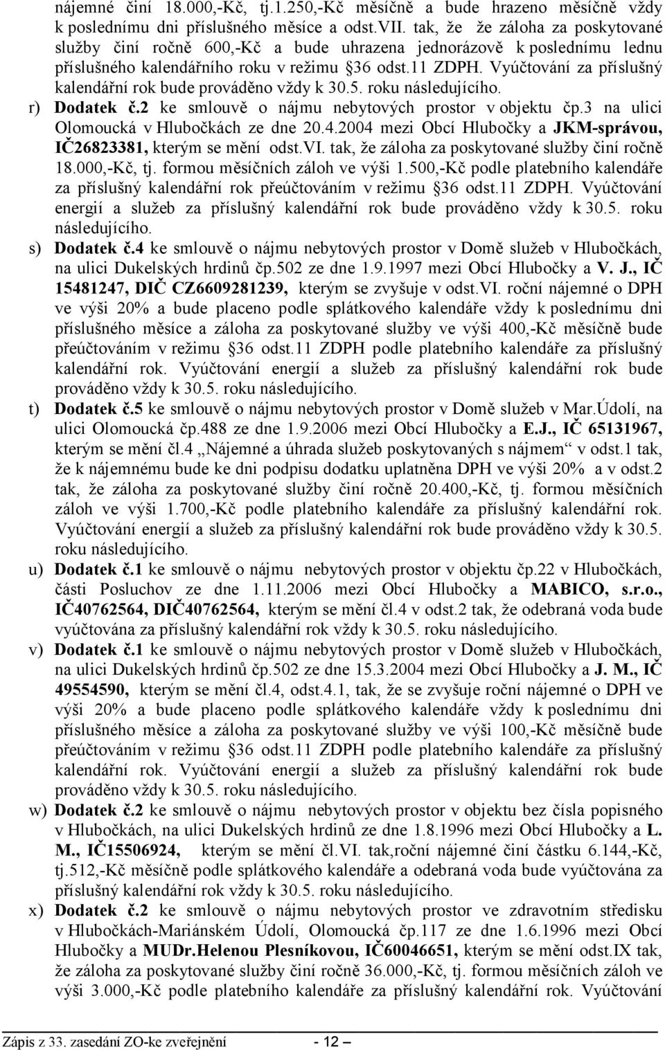 Vyúčtování za příslušný kalendářní rok bude prováděno vždy k 30.5. roku následujícího. r) Dodatek č.2 ke smlouvě o nájmu nebytových prostor v objektu čp.3 na ulici Olomoucká v Hlubočkách ze dne 20.4.