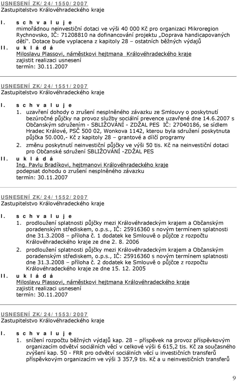 uzavření dohody o zrušení nesplněného závazku ze Smlouvy o poskytnutí bezúročné půjčky na provoz služby sociální prevence uzavřené dne 14.6.