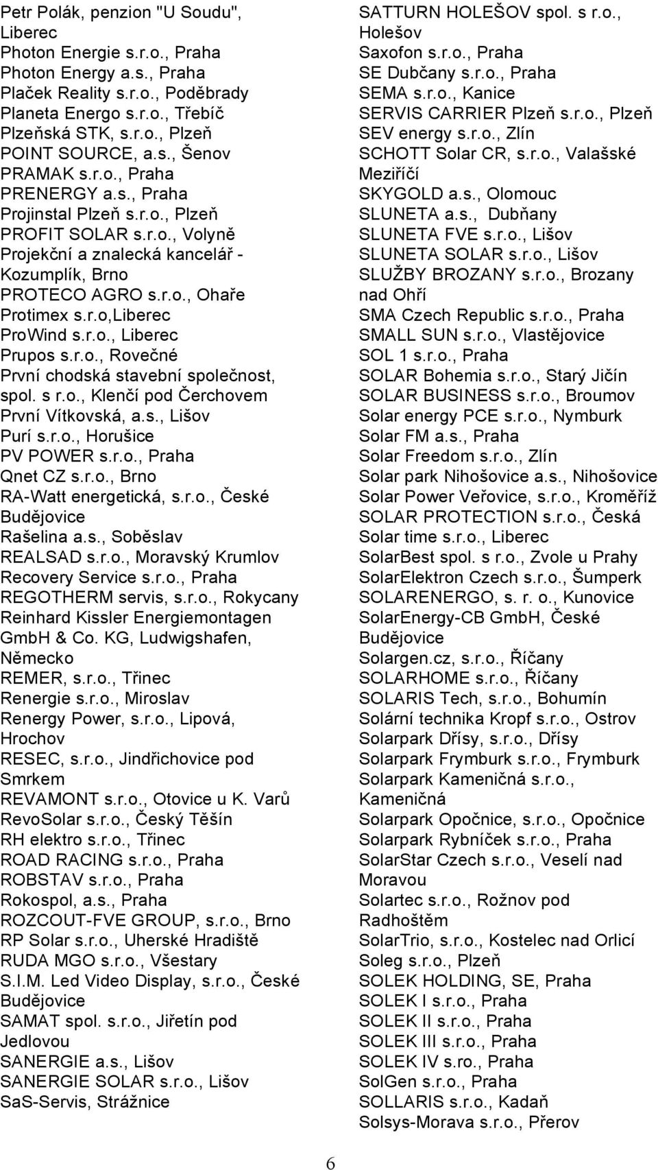 r.o., Liberec Prupos s.r.o., Rovečné První chodská stavební společnost, spol. s r.o., Klenčí pod Čerchovem První Vítkovská, a.s., Lišov Purí s.r.o., Horušice PV POWER s.r.o., Praha Qnet CZ s.r.o., Brno RA-Watt energetická, s.