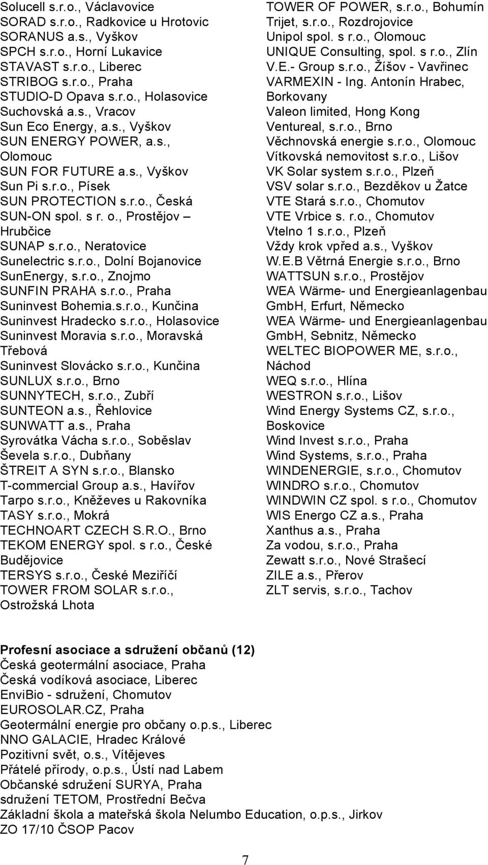 r.o., Neratovice Sunelectric s.r.o., Dolní Bojanovice SunEnergy, s.r.o., Znojmo SUNFIN PRAHA s.r.o., Praha Suninvest Bohemia.s.r.o., Kunčina Suninvest Hradecko s.r.o., Holasovice Suninvest Moravia s.