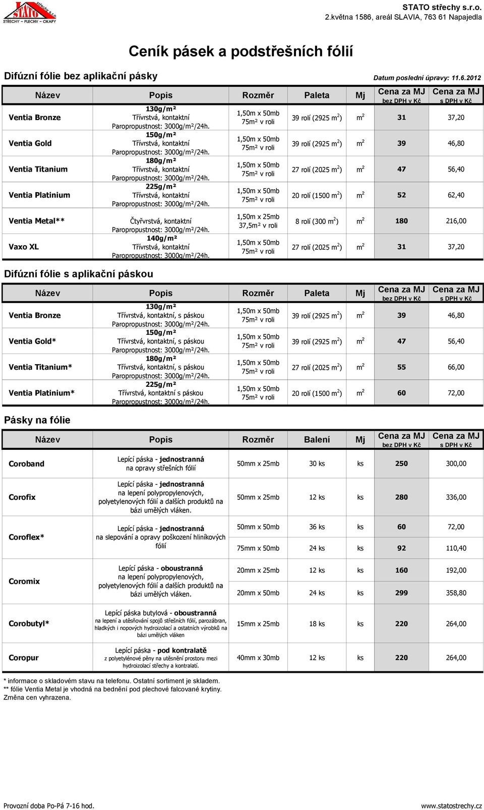 podstřešních fólií 130g/m² 150g/m² 180g/m² 225g/m² Čtyřvrstvá, kontaktní 140g/m² 39 rolí (2925 m 2 ) m 2 31 37,20 39 rolí (2925 m 2 ) m 2 39 46,80 27 rolí (2025 m 2 ) m 2 47 56,40 1,50m x 25mb 37,5m²