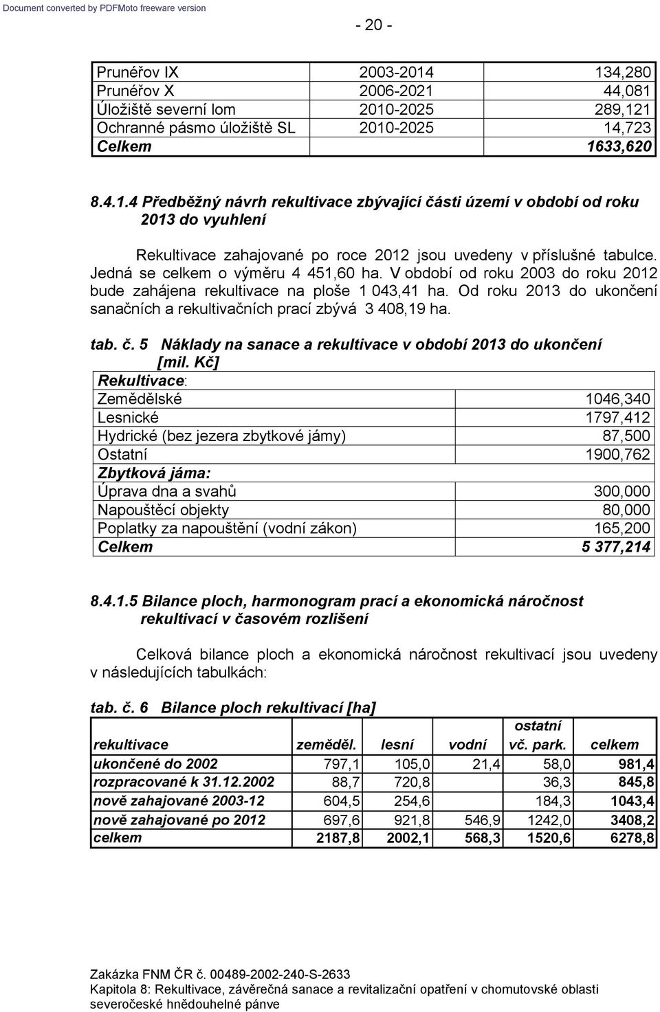 tab. č. 5 Náklady na sanace a rekultivace v období 2013 do ukončení [mil.